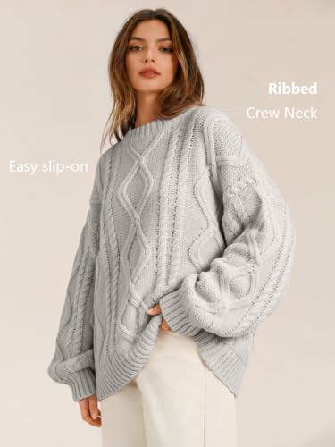 Women's Oversized Cable Knit Sweaters 2026 Fall Ou Pastel Gray - color detail