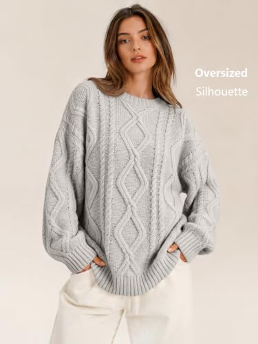 Women's Oversized Cable Knit Sweaters 2026 Fall Ou Pastel Gray - back view