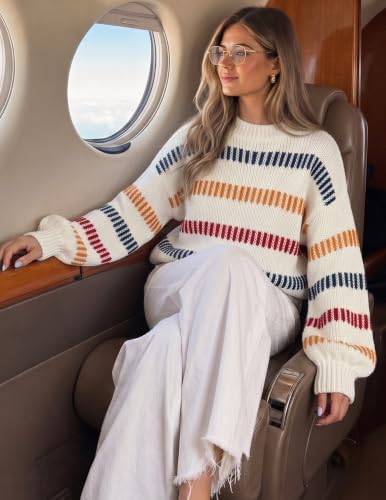 Womens Striped Fall Winter Sweaters Oversize Cozy  Ivory - back view
