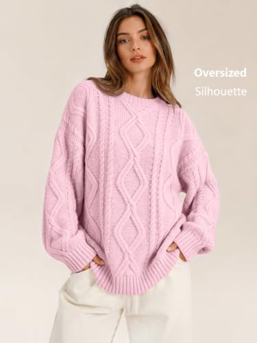 Women's Oversized Cable Knit Sweaters 2026 Fall Ou Pastel Pink - back view