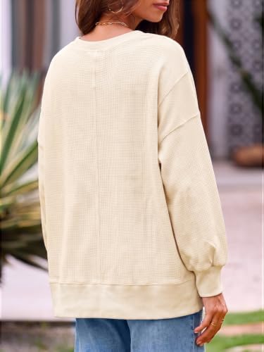 Women's Fall Oversized Sweatshirt Casual Waffle Kn Beige-2 - color detail