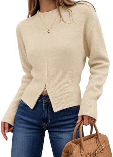 Women's Fall Zipper Pullover Sweaters 2026 Cozy Ri Apricot - side angle