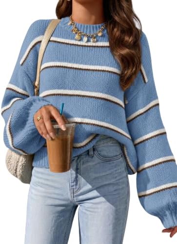 Womens Striped Fall Winter Sweaters Oversize Cozy  Blue - side angle