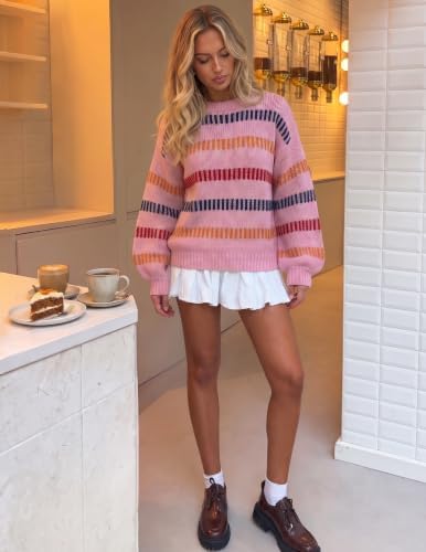 Womens Striped Fall Winter Sweaters Oversize Cozy  Pink - color detail