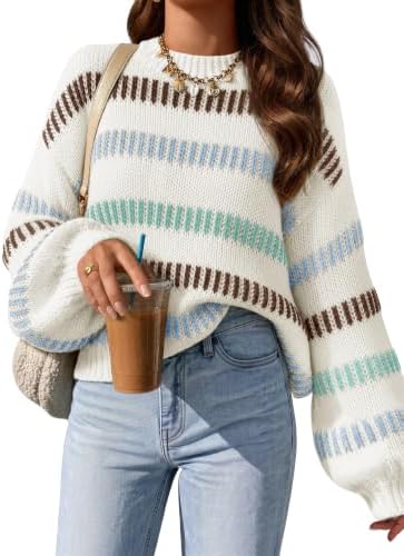 Womens Striped Fall Winter Sweaters Oversize Cozy  Beige - side angle