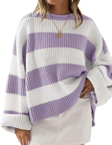 Womens Fall Winter Oversized Striped Knit Sweaters Lightpurple - side angle