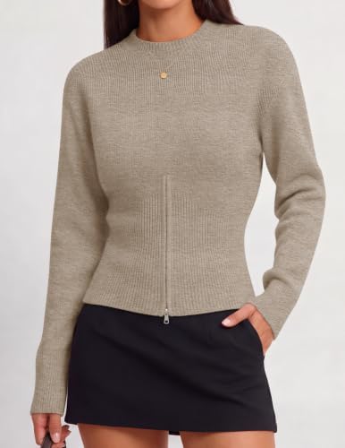 Women's Fall Zipper Pullover Sweaters 2026 Cozy Ri Oatmeal - color detail