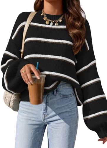 Womens Striped Fall Winter Sweaters Oversize Cozy  Black - side angle