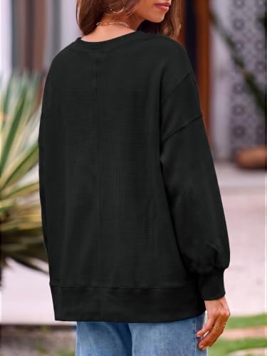 Women's Fall Oversized Sweatshirt Casual Waffle Kn Black-2 - color detail