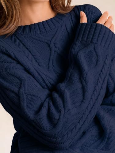 Women's Oversized Cable Knit Sweaters 2026 Fall Ou Navy Blue - in use