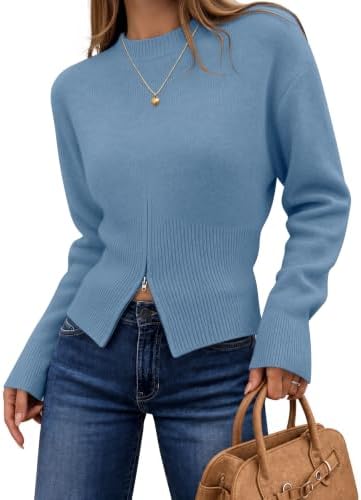 Women's Fall Zipper Pullover Sweaters 2026 Cozy Ri Dustyblue - side angle