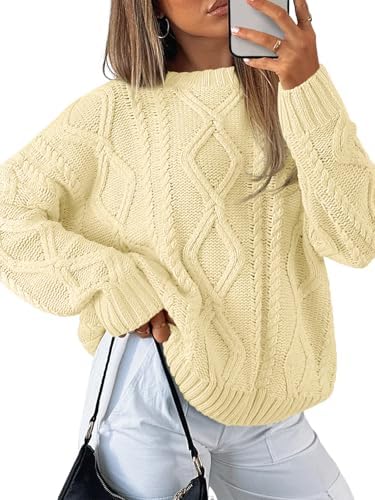 Women's Oversized Cable Knit Sweaters 2026 Fall Ou Creamy Corn - side angle