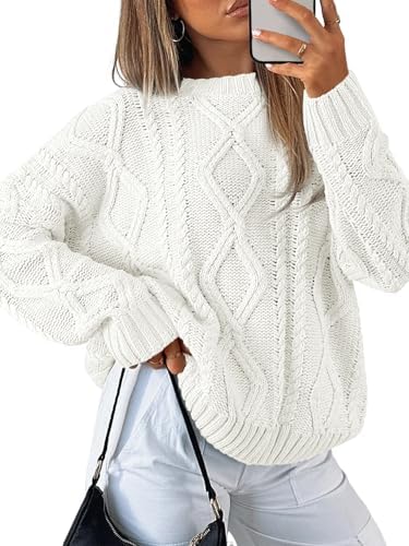 Women's Oversized Cable Knit Sweaters 2026 Fall Ou White - side angle