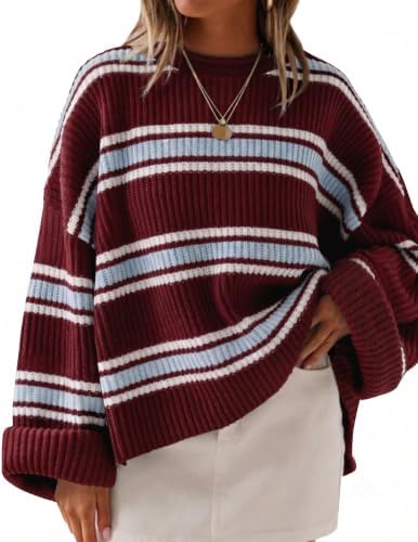 Womens Fall Winter Oversized Striped Knit Sweaters Burgundy - side angle