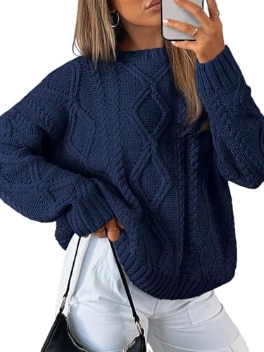 Women's Oversized Cable Knit Sweaters 2026 Fall Ou Navy Blue - side angle