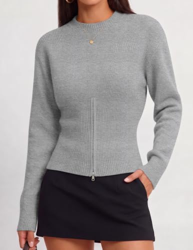 Women's Fall Zipper Pullover Sweaters 2026 Cozy Ri Grey - color detail