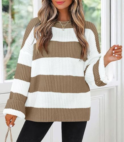Womens Fall Winter Oversized Striped Knit Sweaters Lightkhaki - color detail