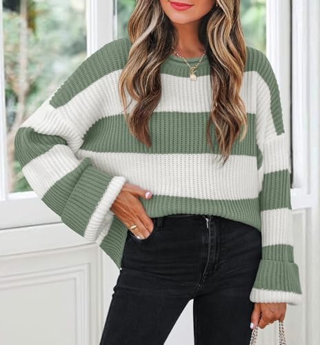 Womens Fall Winter Oversized Striped Knit Sweaters Green - back view