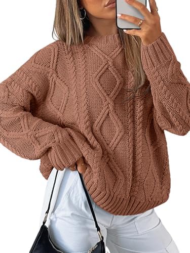 Women's Oversized Cable Knit Sweaters 2026 Fall Ou Toffee - side angle
