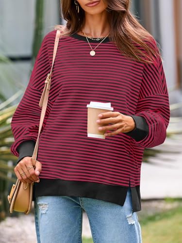 Women's Fall Oversized Sweatshirt Casual Waffle Kn Red - in use
