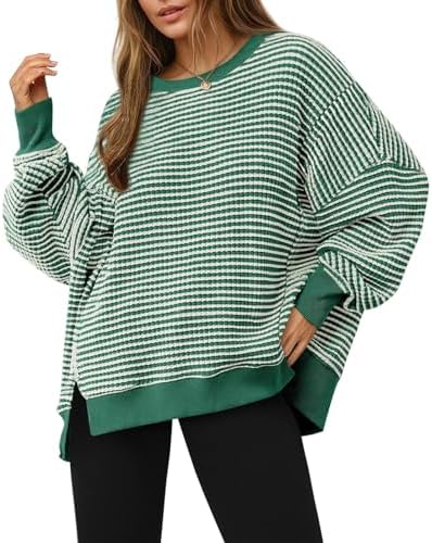 Women's Fall Oversized Sweatshirt Casual Waffle Kn Green - side angle