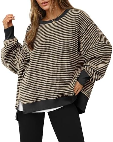 Women's Fall Oversized Sweatshirt Casual Waffle Kn Camel - side angle