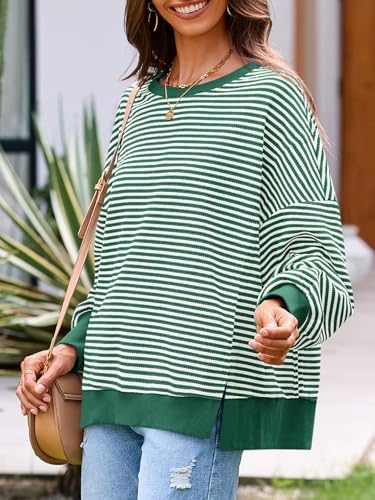 Women's Fall Oversized Sweatshirt Casual Waffle Kn Green - back view