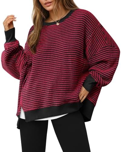 Women's Fall Oversized Sweatshirt Casual Waffle Kn Red - side angle