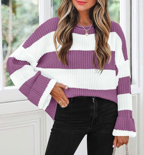 Womens Fall Winter Oversized Striped Knit Sweaters Purple - packaging
