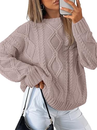 Women's Oversized Cable Knit Sweaters 2026 Fall Ou Light Mauve - side angle