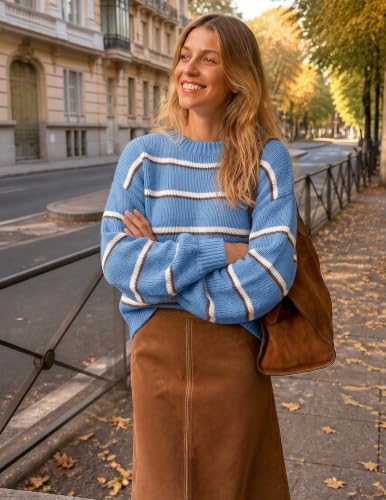 Womens Striped Fall Winter Sweaters Oversize Cozy  Blue - back view