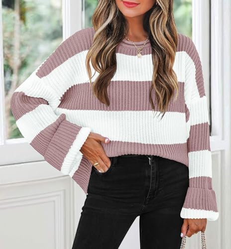 Womens Fall Winter Oversized Striped Knit Sweaters Pink - packaging