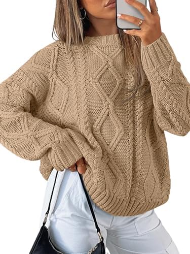 Women's Oversized Cable Knit Sweaters 2026 Fall Ou Camel - side angle