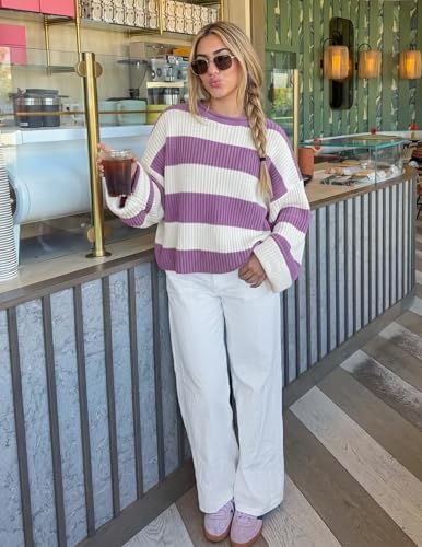 Womens Fall Winter Oversized Striped Knit Sweaters Purple - back view