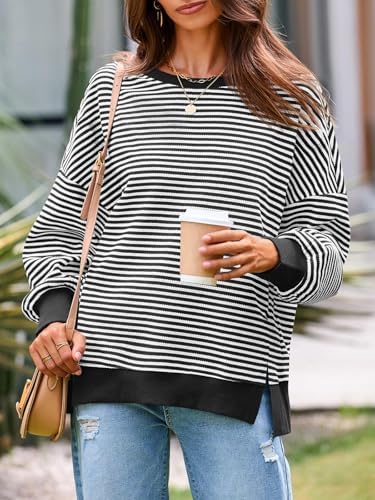Women's Fall Oversized Sweatshirt Casual Waffle Kn Black - in use