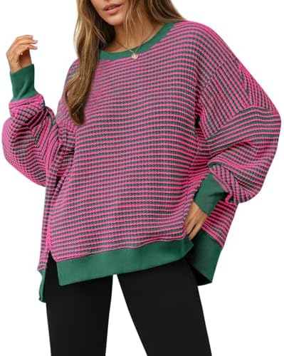 Women's Fall Oversized Sweatshirt Casual Waffle Kn Rose Red - side angle