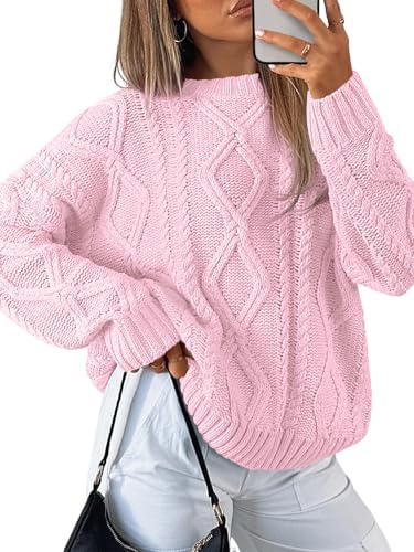 Women's Oversized Cable Knit Sweaters 2026 Fall Ou Pastel Pink - side angle