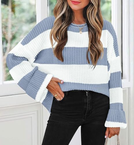 Womens Fall Winter Oversized Striped Knit Sweaters Blue - packaging