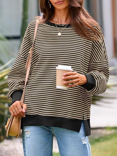 Women's Fall Oversized Sweatshirt Casual Waffle Kn Camel - in use