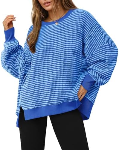 Women's Fall Oversized Sweatshirt Casual Waffle Kn Blue - side angle