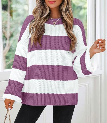 Womens Fall Winter Oversized Striped Knit Sweaters Purple - color detail