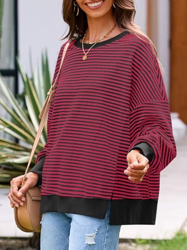 Women's Fall Oversized Sweatshirt Casual Waffle Kn Red - back view
