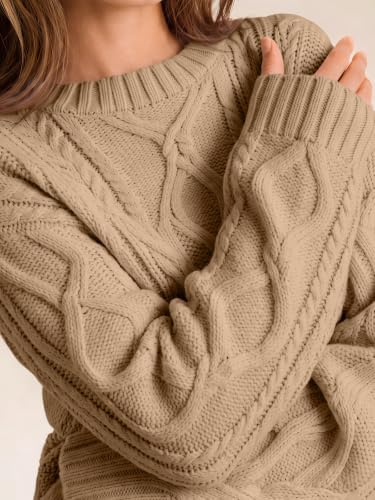 Women's Oversized Cable Knit Sweaters 2026 Fall Ou Camel - in use