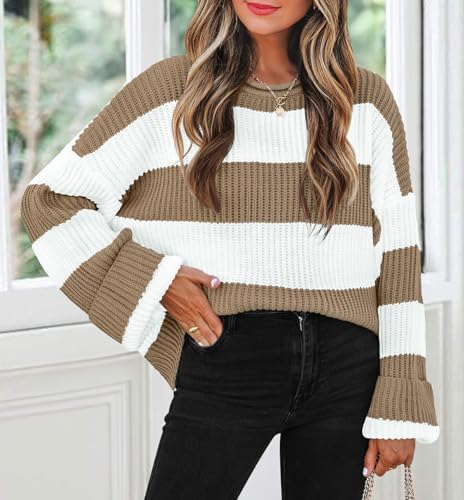 Womens Fall Winter Oversized Striped Knit Sweaters Lightkhaki - packaging