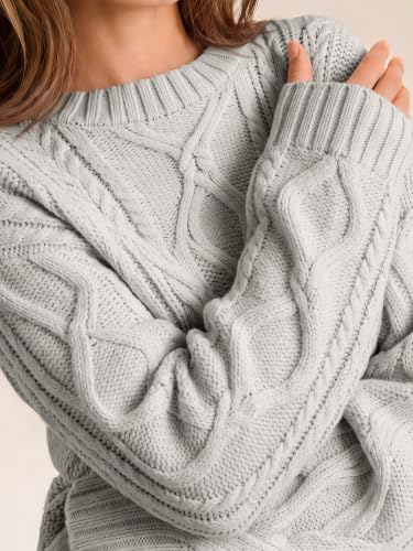 Women's Oversized Cable Knit Sweaters 2026 Fall Ou Pastel Gray - in use