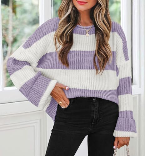 Womens Fall Winter Oversized Striped Knit Sweaters Lightpurple - packaging