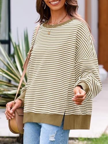 Women's Fall Oversized Sweatshirt Casual Waffle Kn Khaki - back view