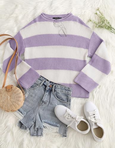 Womens Fall Winter Oversized Striped Knit Sweaters Lightpurple - back view