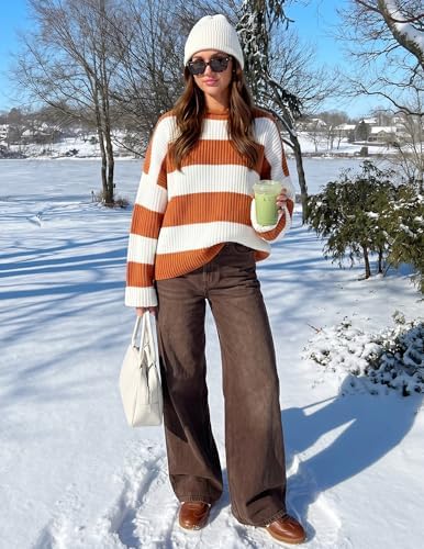 Womens Fall Winter Oversized Striped Knit Sweaters Orange - back view