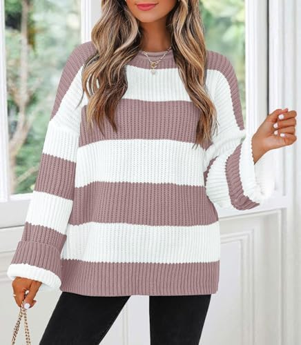 Womens Fall Winter Oversized Striped Knit Sweaters Pink - color detail